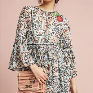 Anthropologie Green and Blue Bell Sleeve Sundress